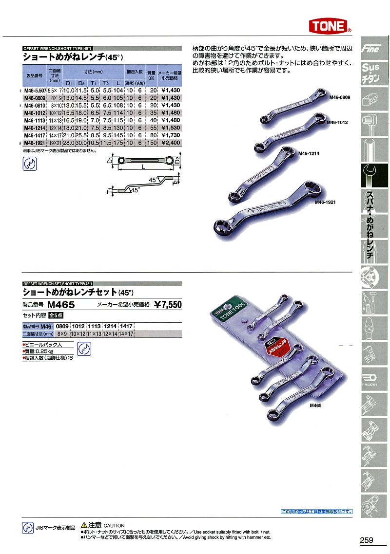 当季大流行 TONE M46-1012 45° ショートメガネレンチ トネ discoversvg.com